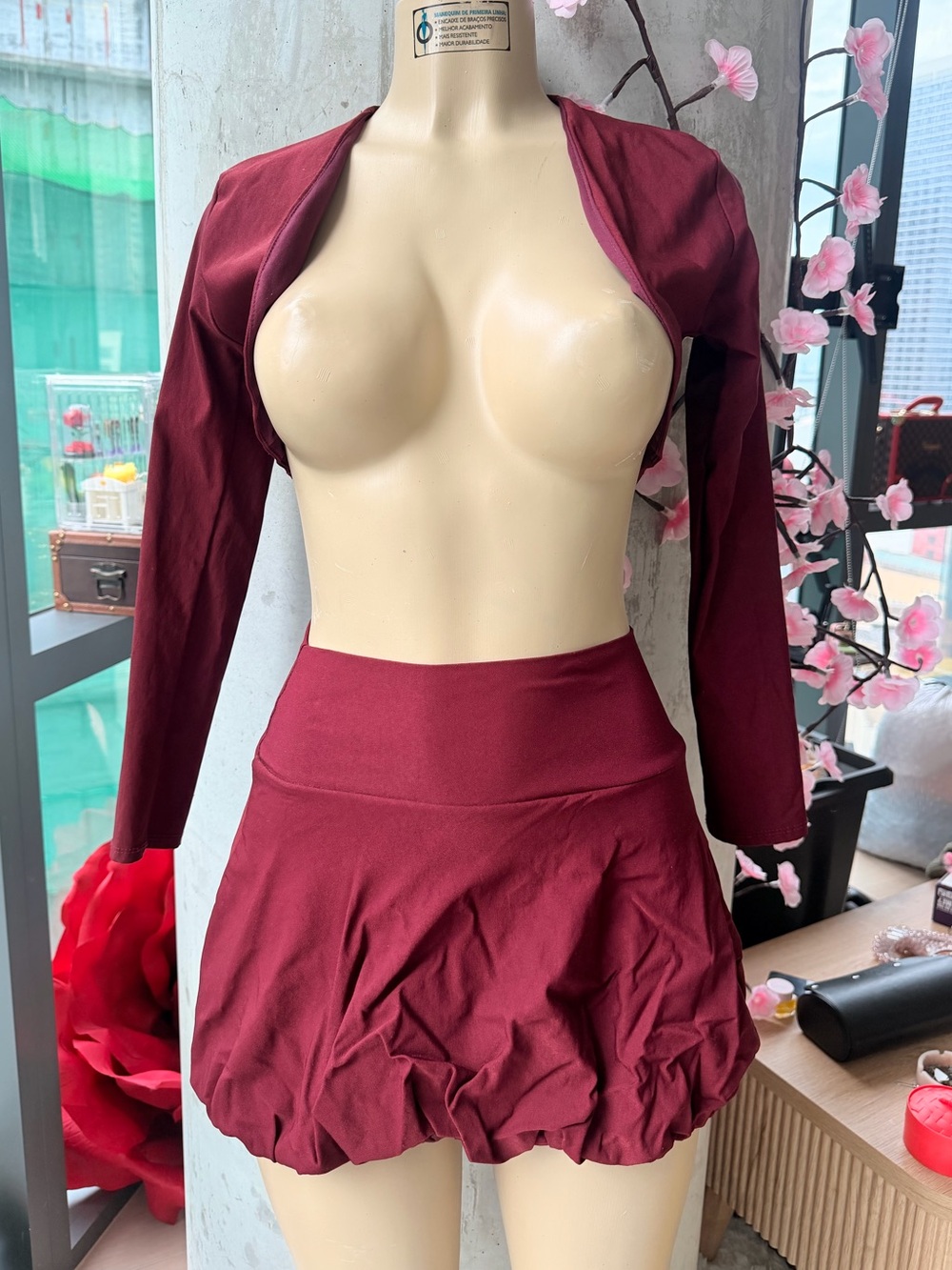 Two Piece Fashion Nova Women's Maroon Crop Jacket Bubble Hem Skirt Set Size XS